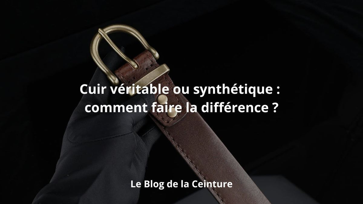 Ceinture en cuir marron tenue en main, comparaison entre cuir véritable et synthétique Image