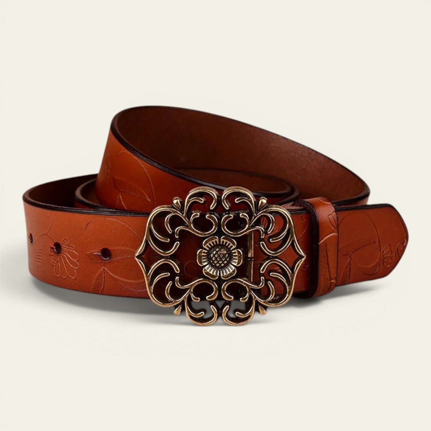 Aliénor - Ceinture en cuir gravé à boucle médaillon tournesol