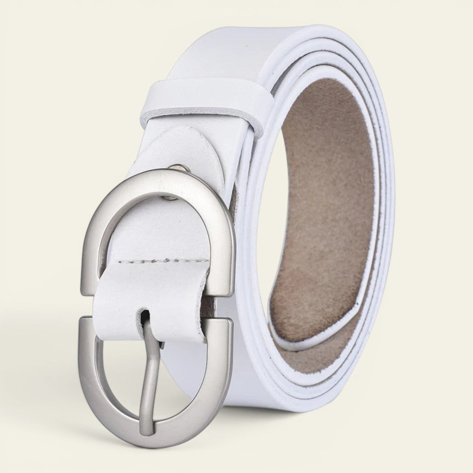Camille - Ceinture en cuir à grande boucle ovale argentée