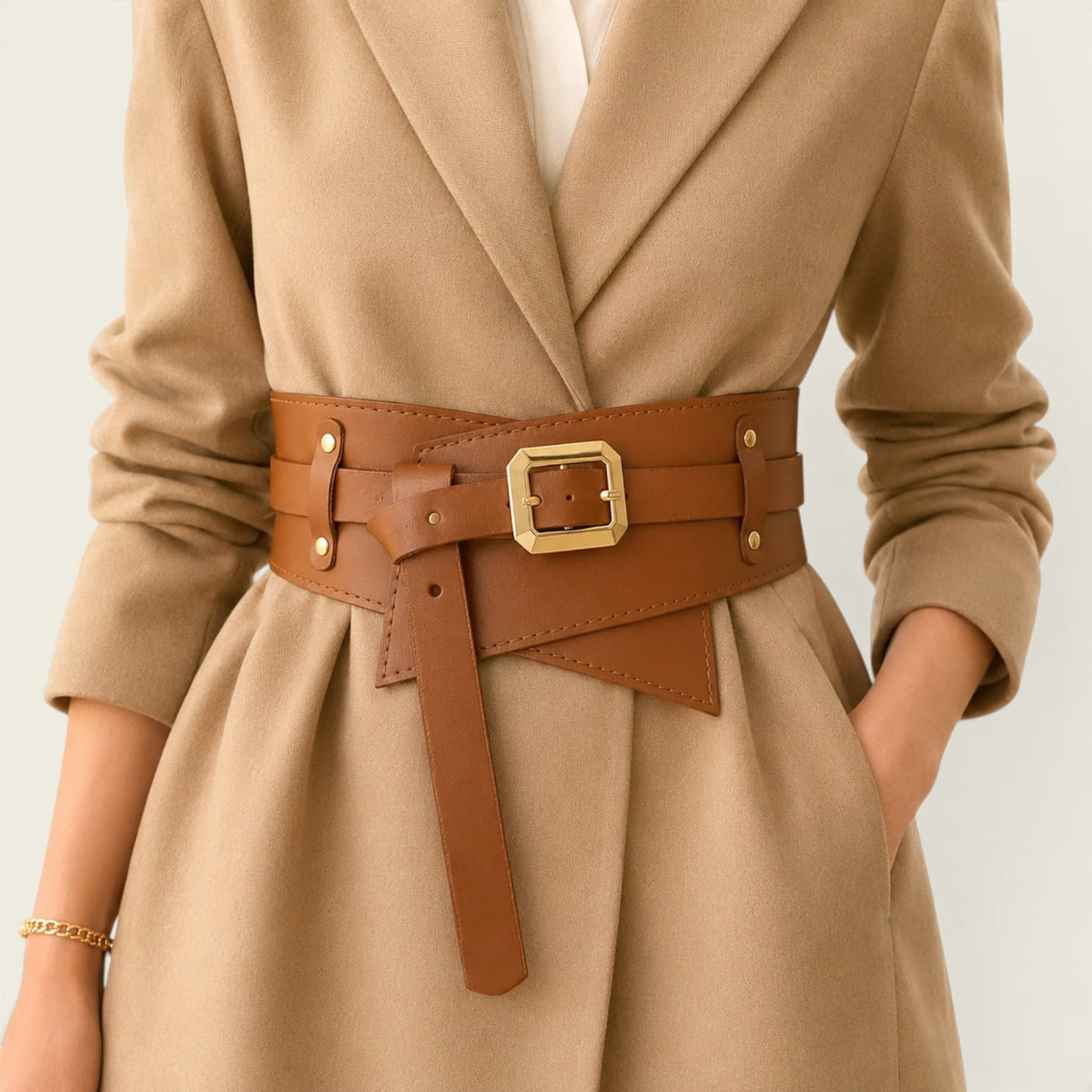 Ceinture camel femme large en cuir à nouer, modèle Alexandra