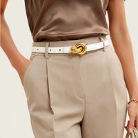 Ceinture blanche femme fine en cuir à boucle nœud dorée, modèle Alice