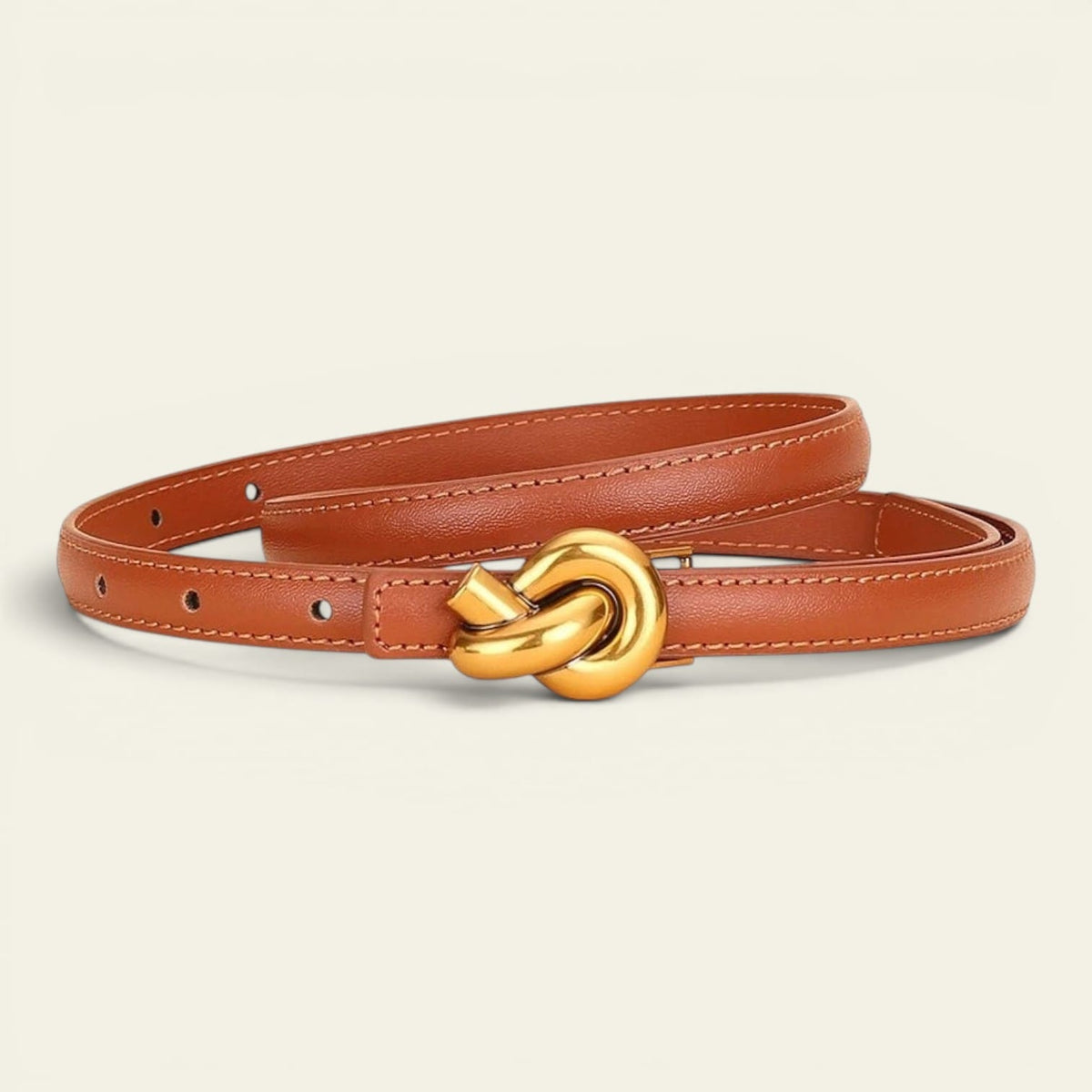 Ceinture camel femme fine en cuir à boucle nœud dorée, modèle Alice