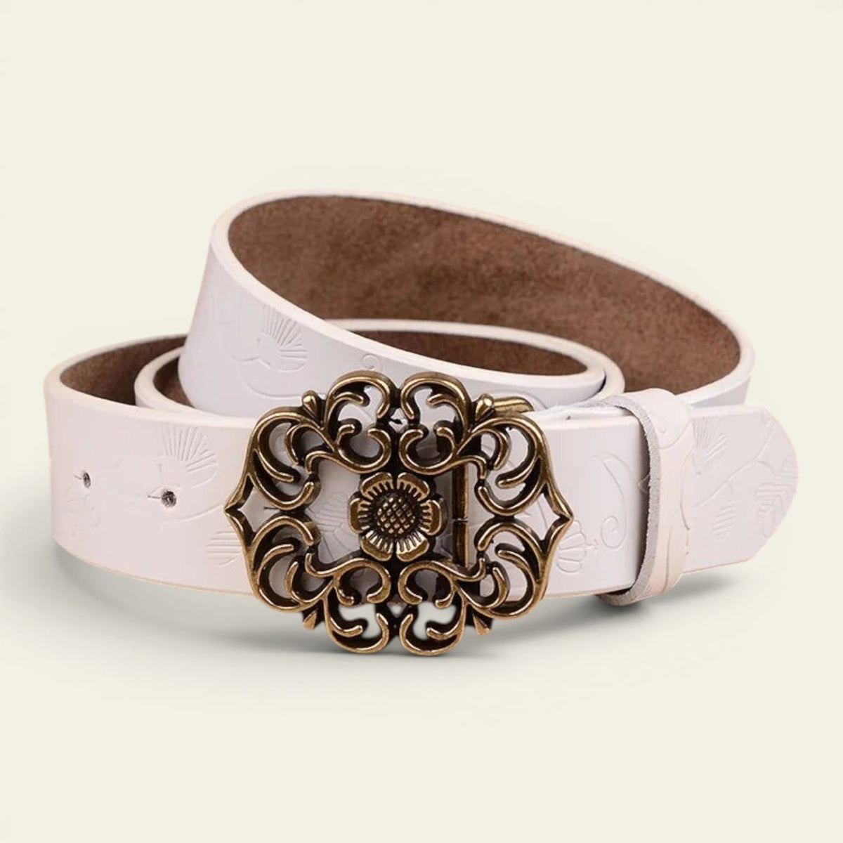 Ceinture blanche femme en cuir gravé à boucle médaillon tournesol, modèle Aliénor