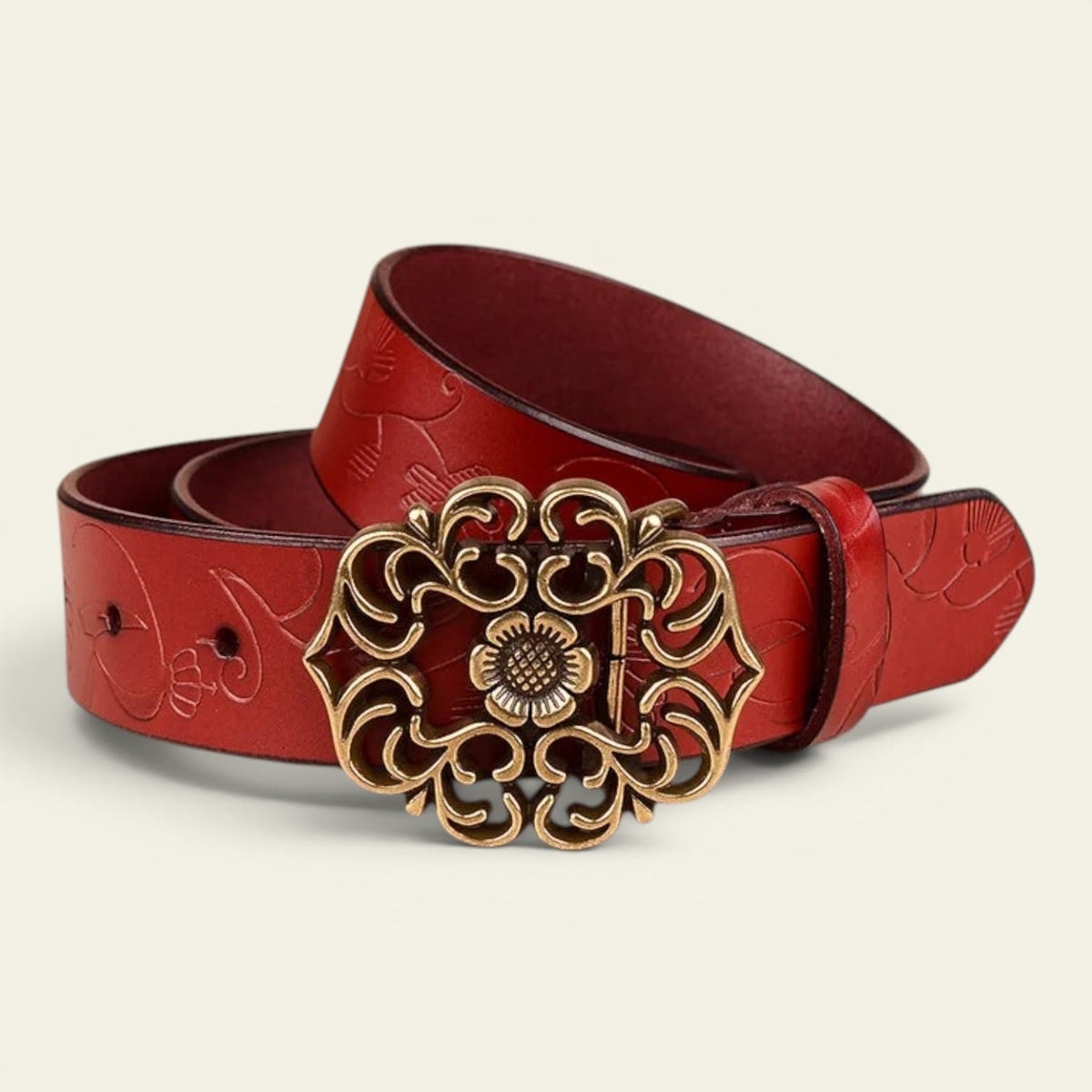 Ceinture rouge femme en cuir gravé à boucle médaillon tournesol, modèle Aliénor