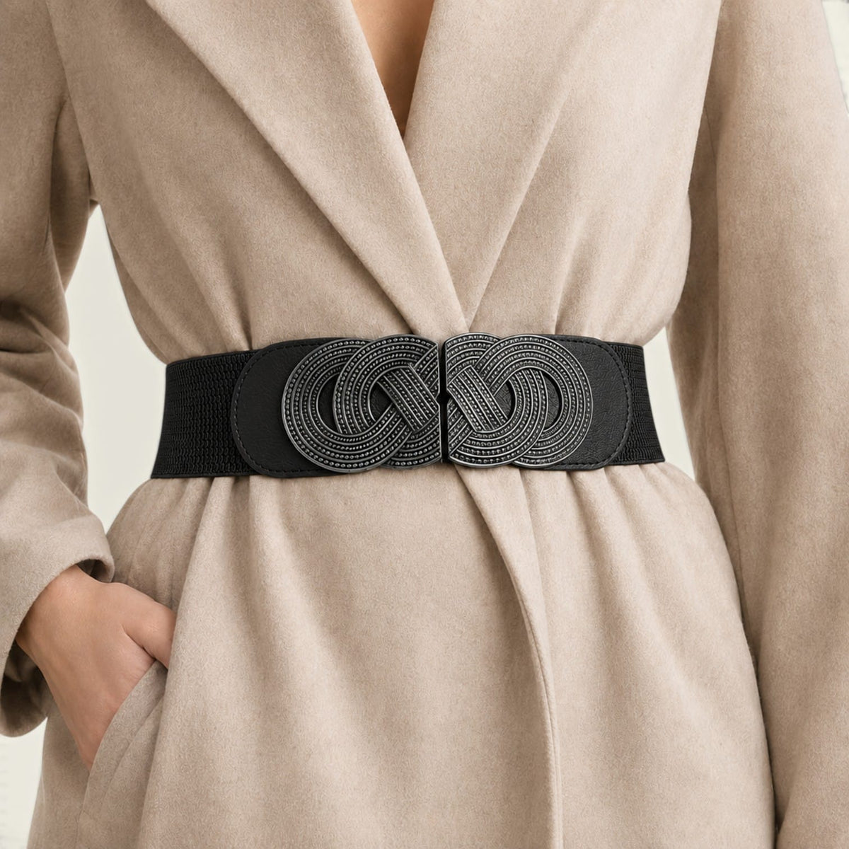 Ceinture noire femme oversize élastique à double anneaux, modèle Amélie