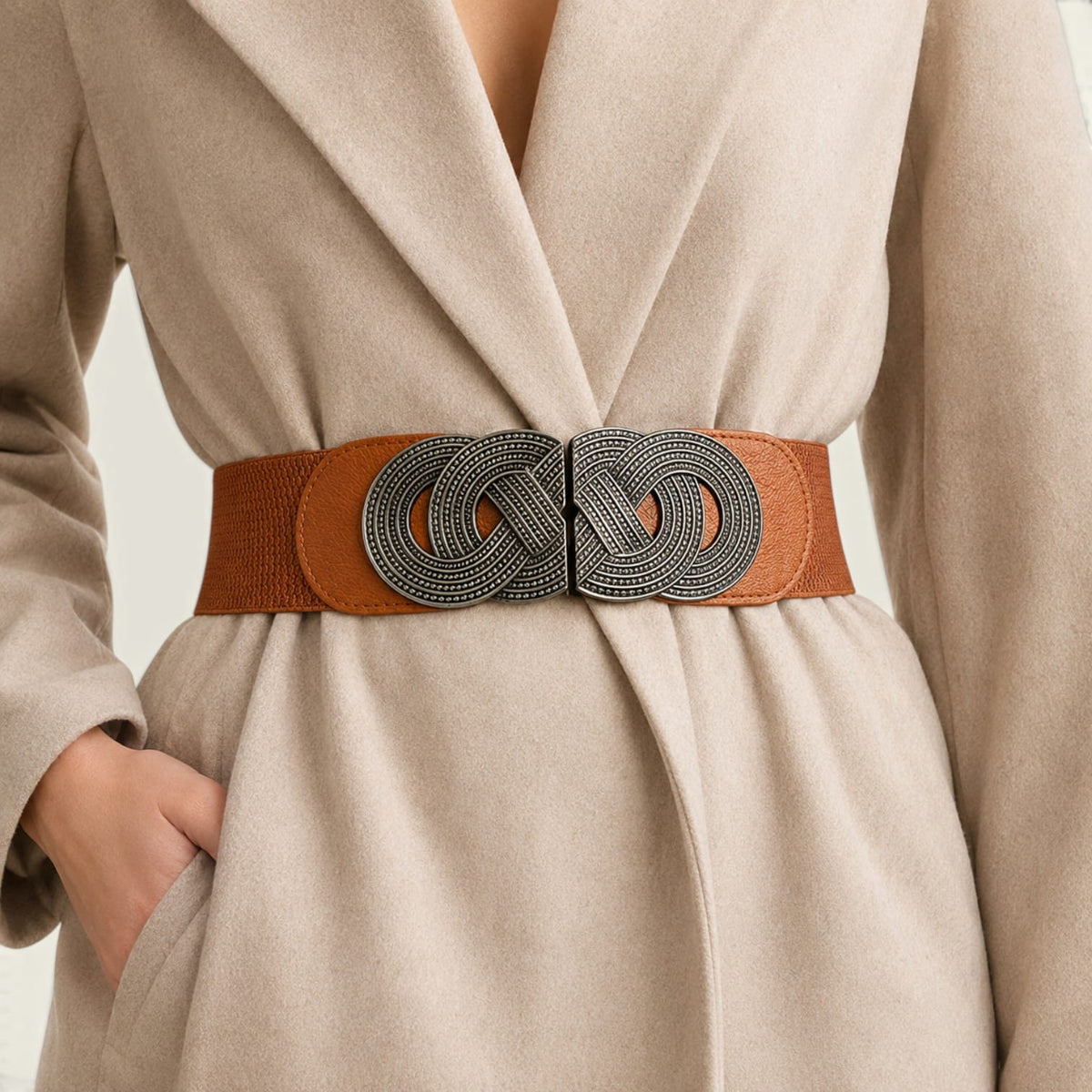Ceinture camel femme oversize élastique à double anneaux, modèle Amélie