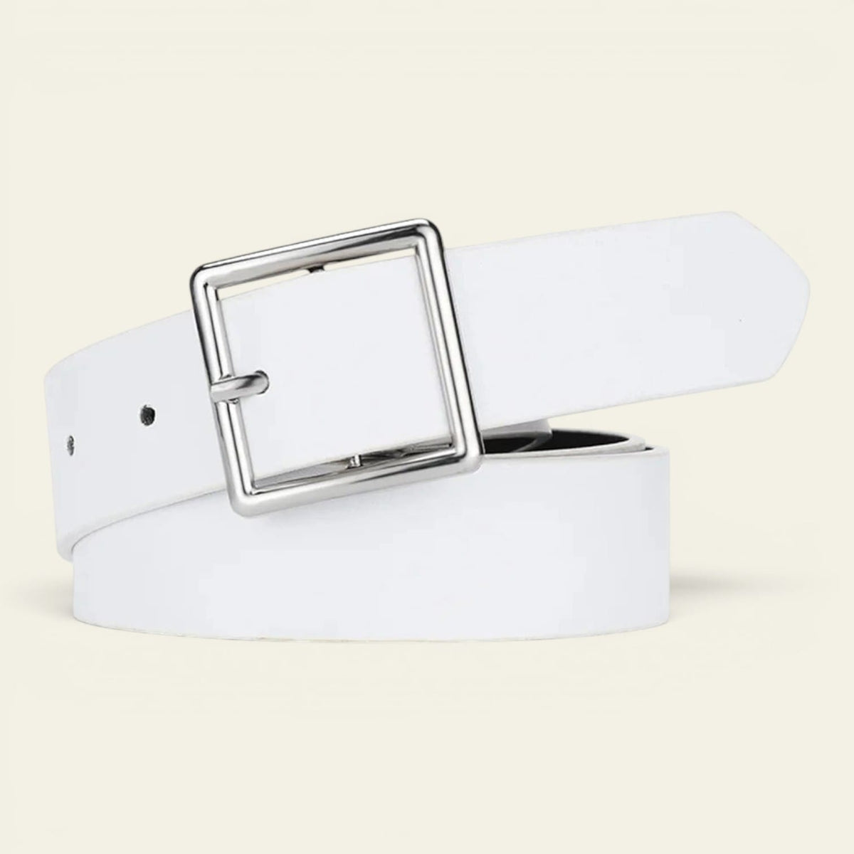 Ceinture blanche femme classique à boucle carrée argentée, modèle Anaïs