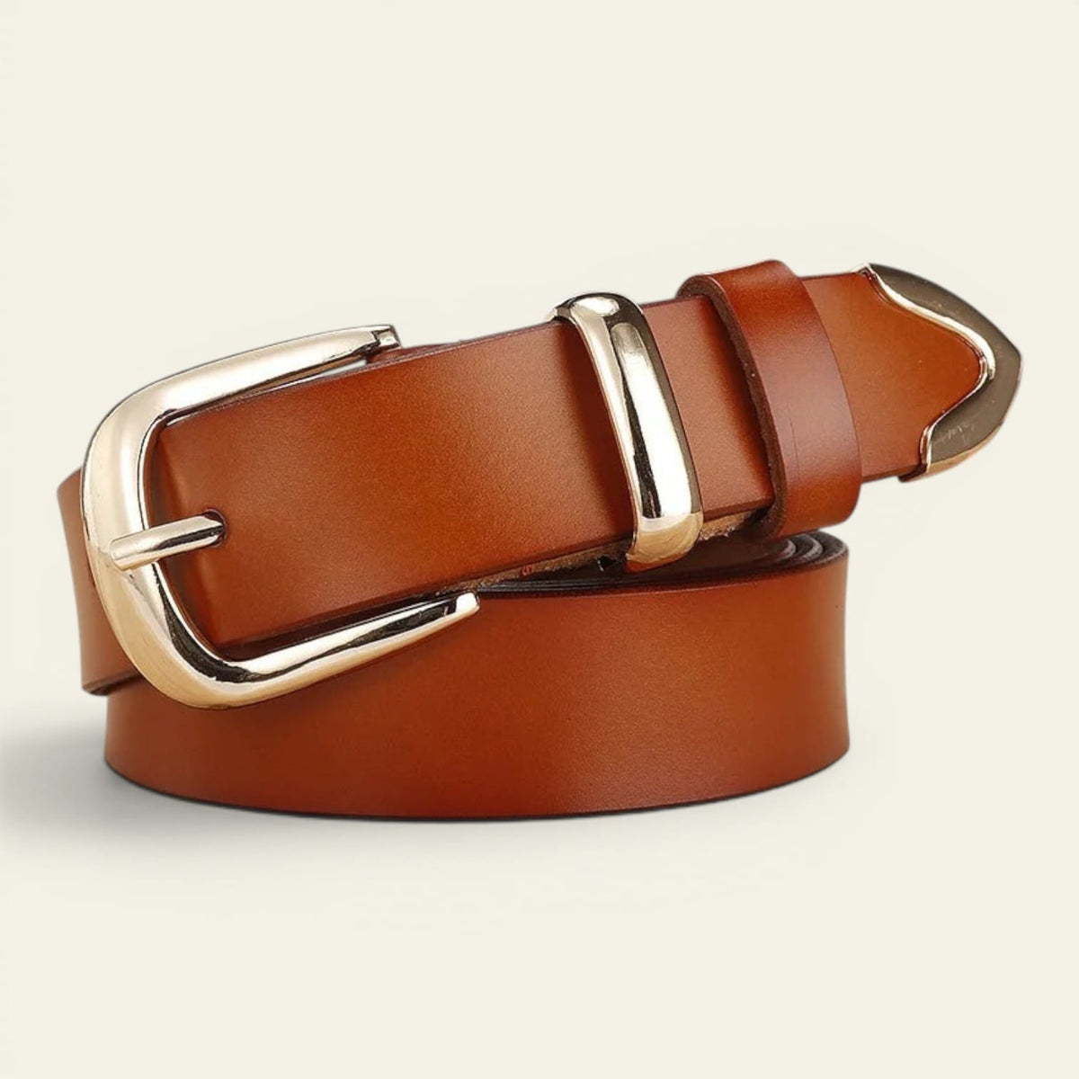 Ceinture camel femme classique en cuir à boucle dorée, modèle Angélique