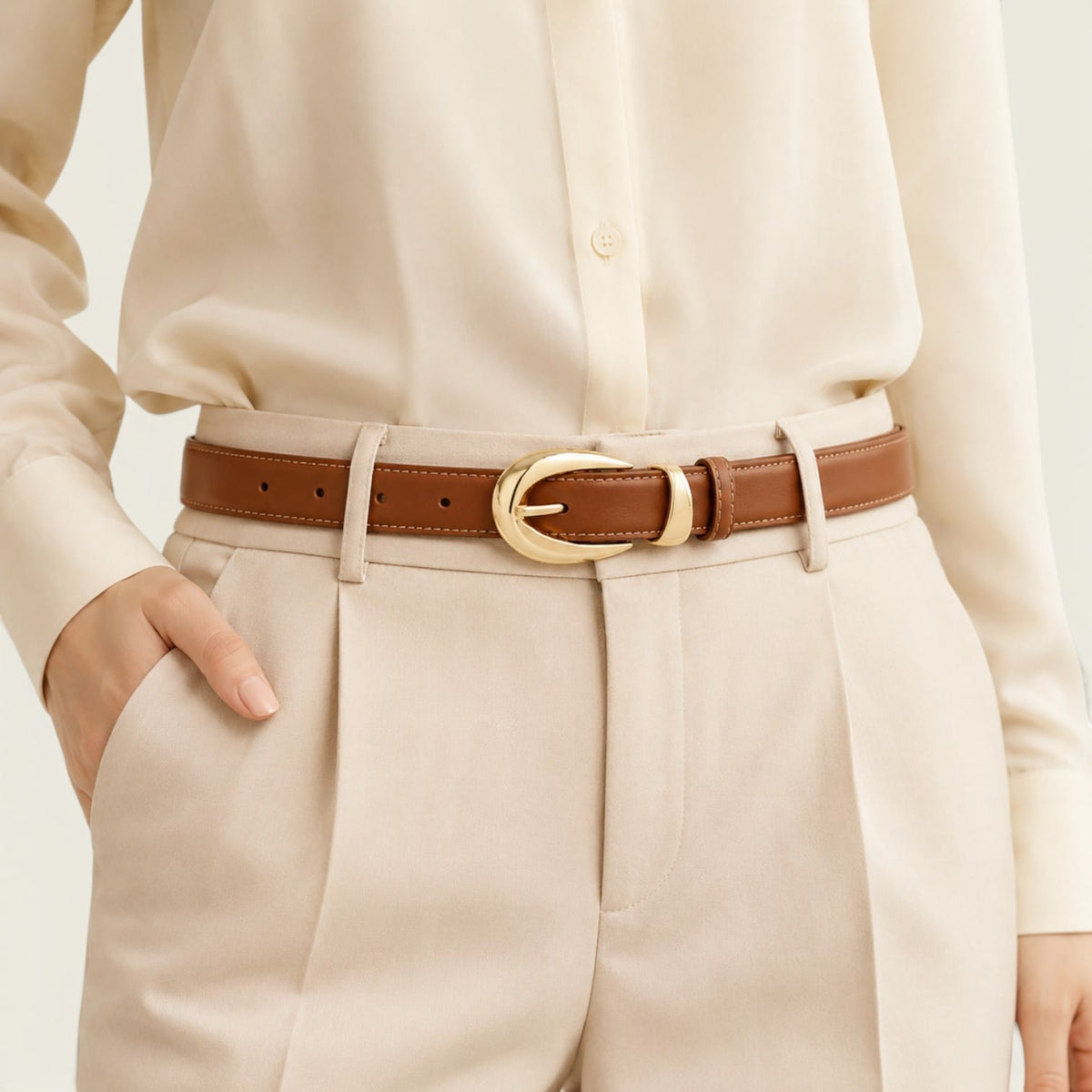 Ceinture marron femme fine en cuir à boucle dorée, modèle Armelle