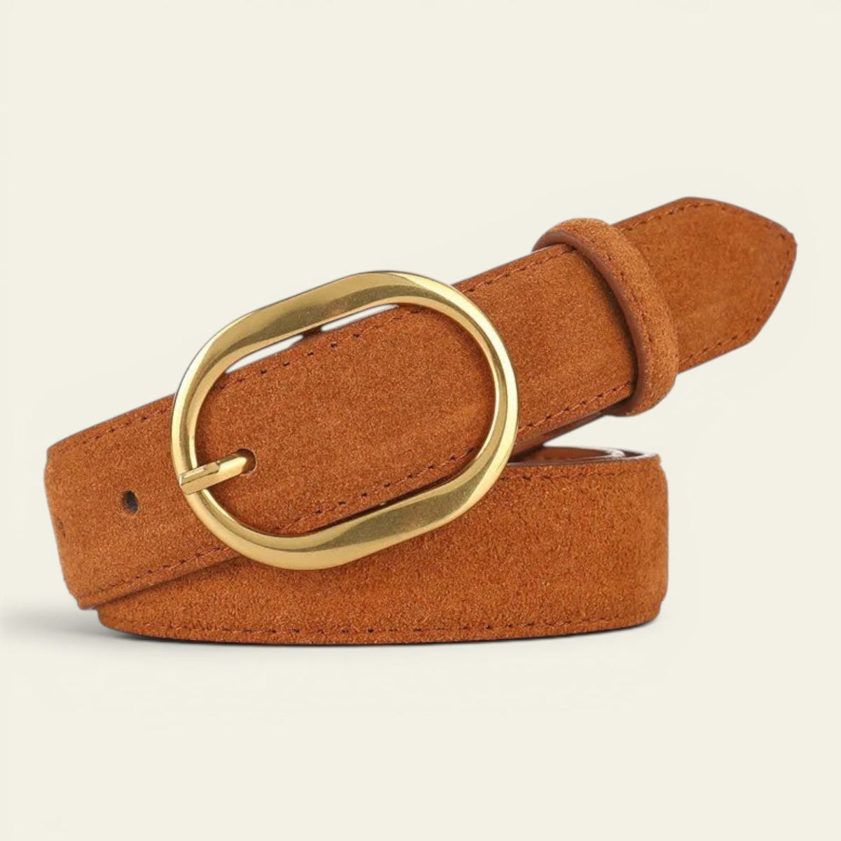 Ceinture camel femme en daim à boucle ovale dorée, modèle Blandine