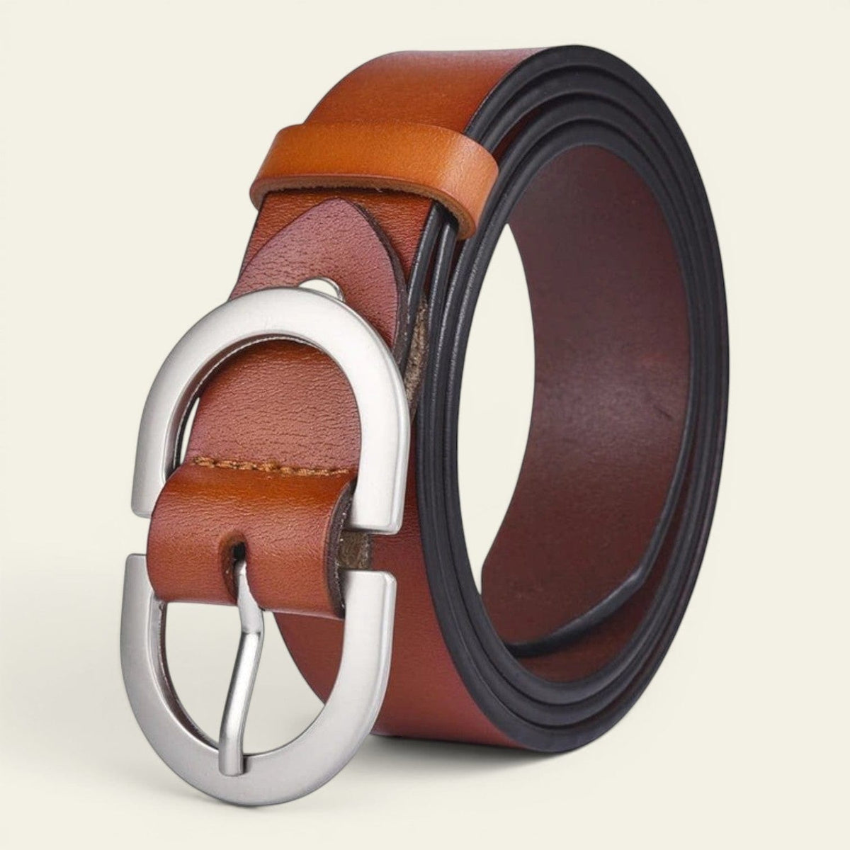 Ceinture camel femme en cuir à grande boucle ovale argentée, modèle Camille