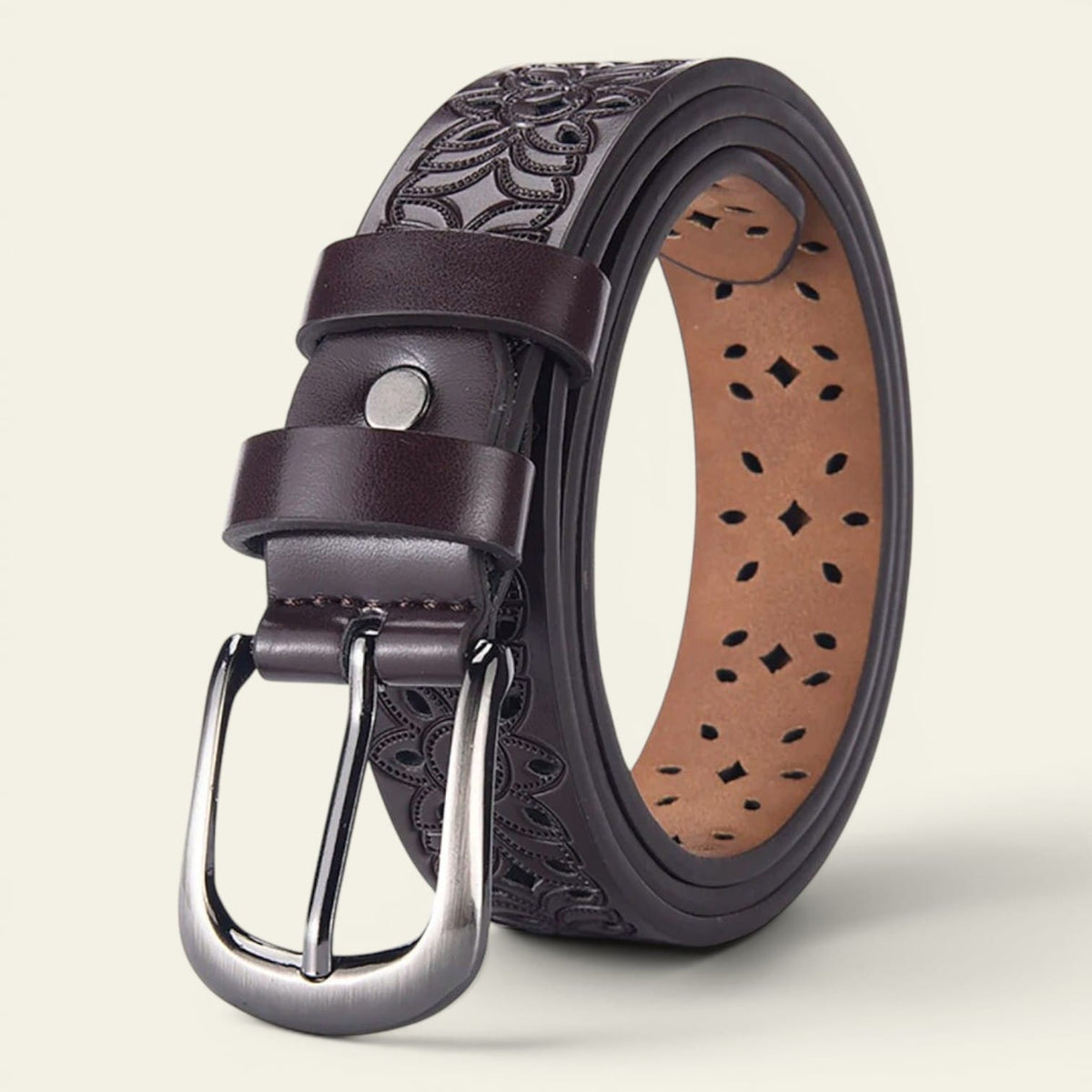 Ceinture marron femme ajourée à motif floral, modèle Lilou