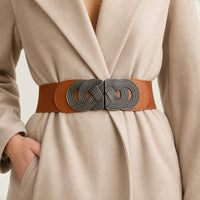 Ceinture oversize élastique marron La Ceinture Pour Femme avec boucle décorative argentée à double anneaux sur manteau
