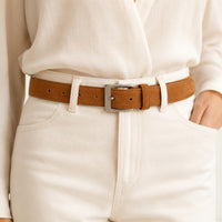 Ceinture marron clair femme en cuir et daim à boucle argentée, modèle Charlotte
