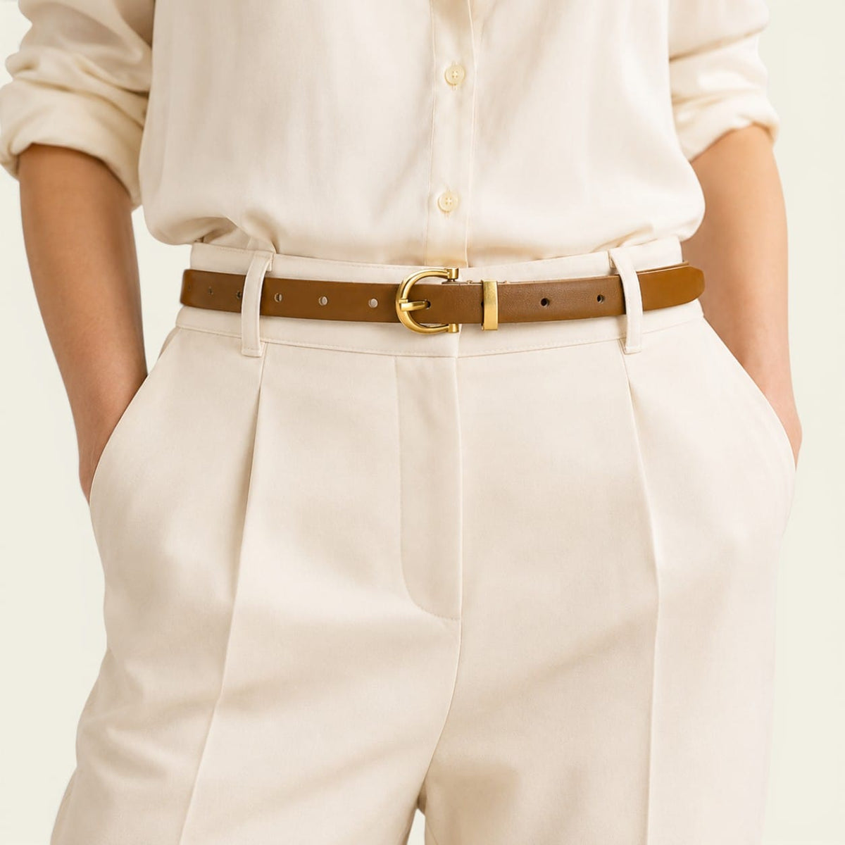 Ceinture camel femme fine en cuir à boucle laiton, modèle Clémence