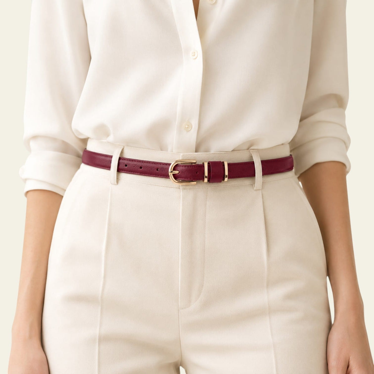 Ceinture rouge femme très fine à boucle dorée, modèle Colombe