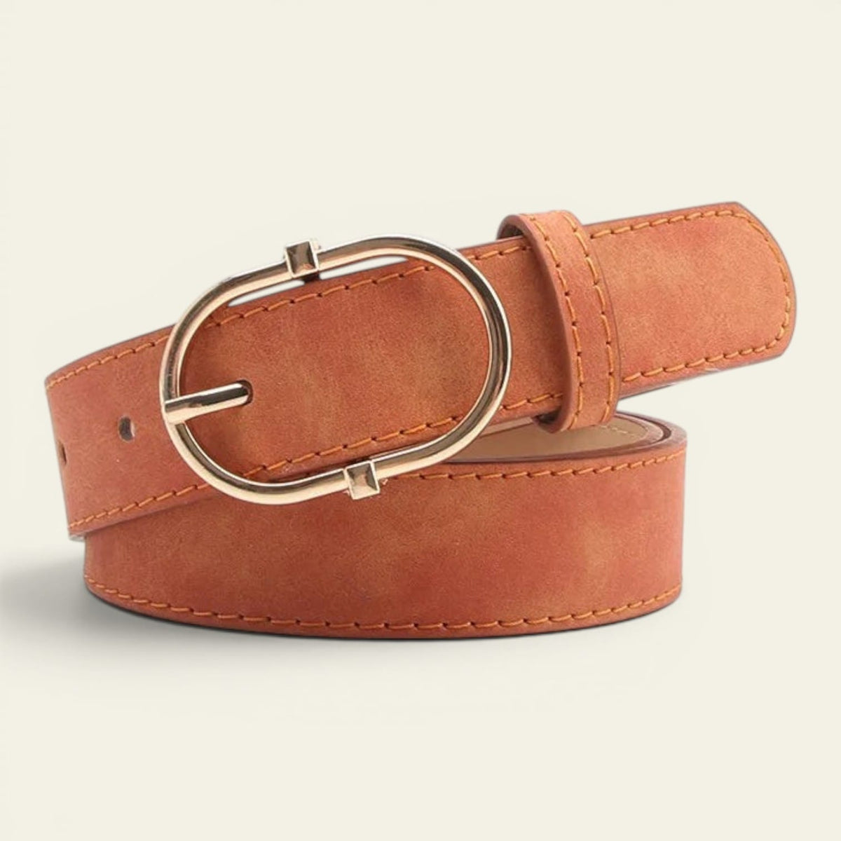 Ceinture camel femme effet daim à boucle ovale dorée, modèle Constance