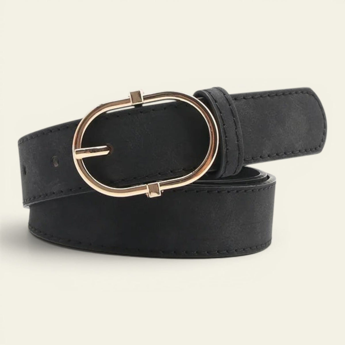 Ceinture noire femme effet daim à boucle ovale dorée, modèle Constance