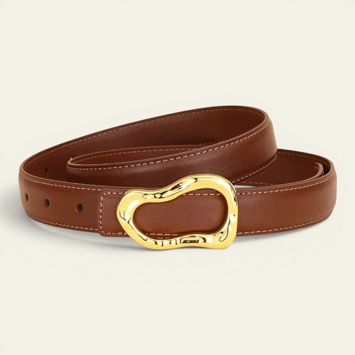 Ceinture marron clair femme fine en cuir à boucle dorée arrondie, modèle Delphine