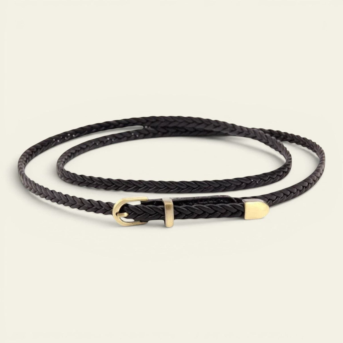 Ceinture noire femme fine tressée à boucle, modèle Éloïse