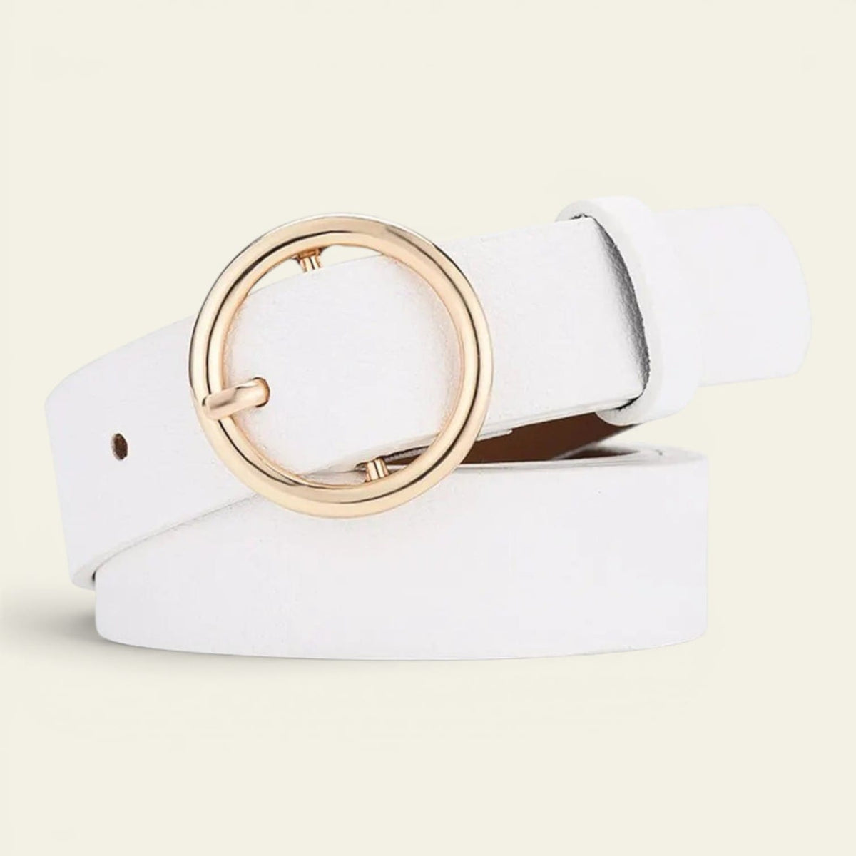 Ceinture blanche femme fine à boucle ronde dorée, modèle Eugénie