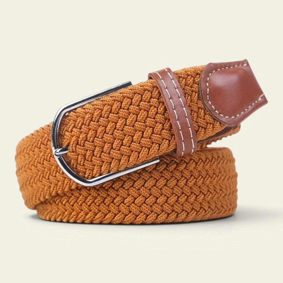Ceinture camel femme tressée extensible en toile, modèle Faustine