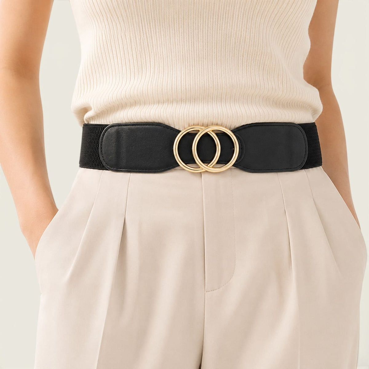 Ceinture noire femme large élastique à double anneaux, modèle Gabrielle