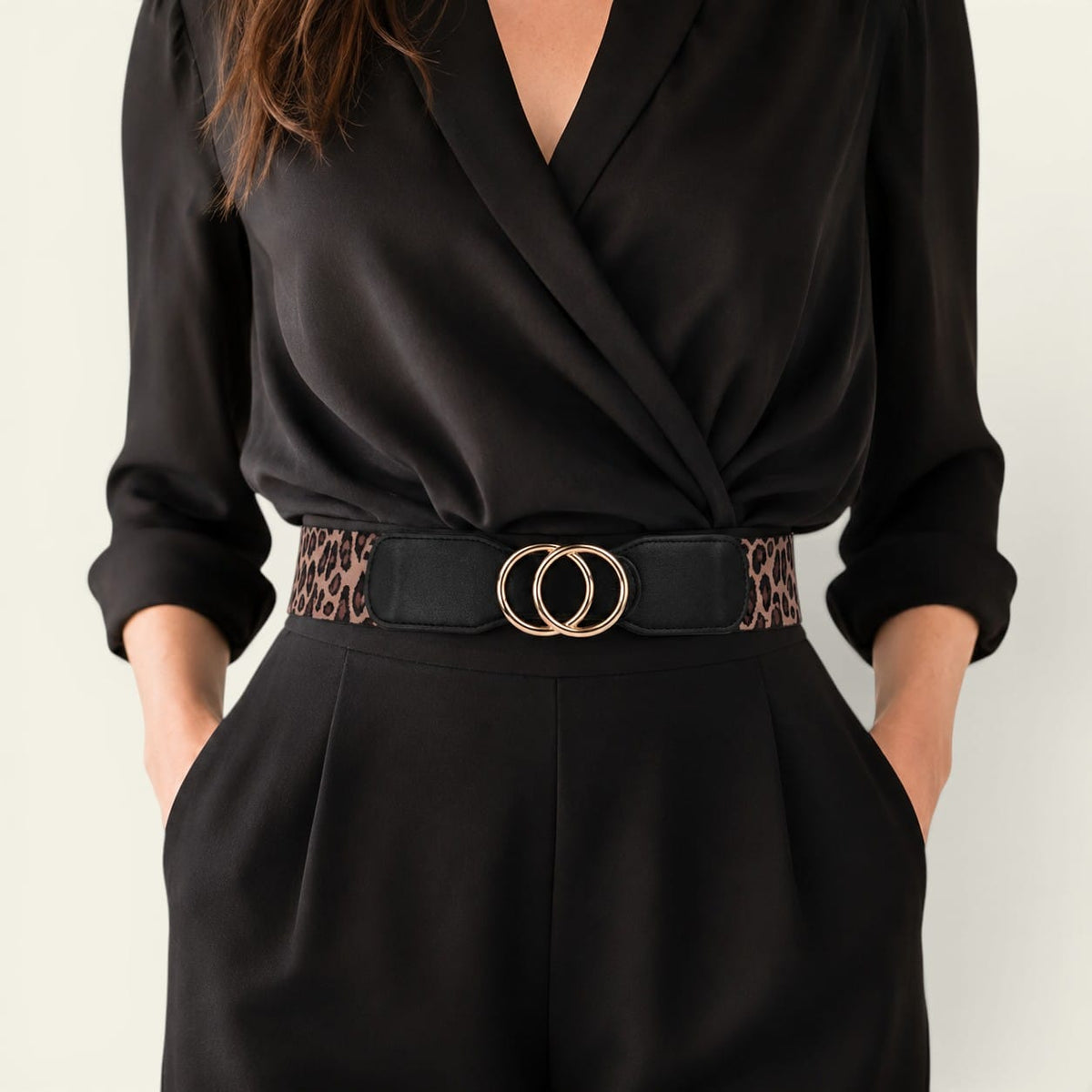 Ceinture femme large élastique à double anneaux, imprimé léopard, modèle Gabrielle