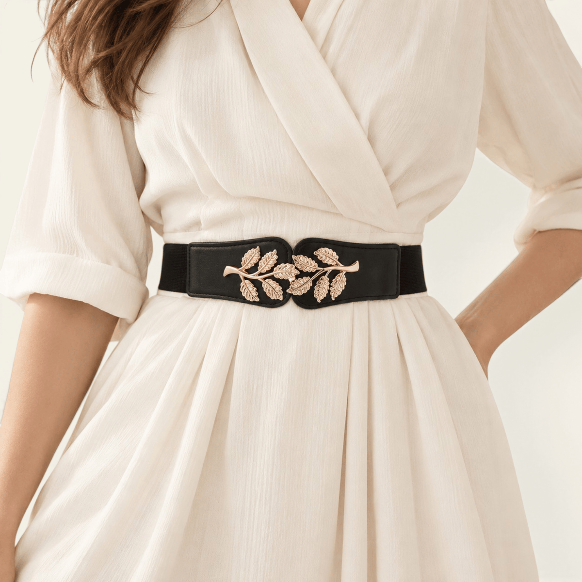 La Ceinture Pour Femme Hélène - Ceinture élastique large à boucle feuilles dorées
