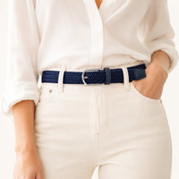 Ceinture bleue femme fine tressée élastique, modèle Juliette