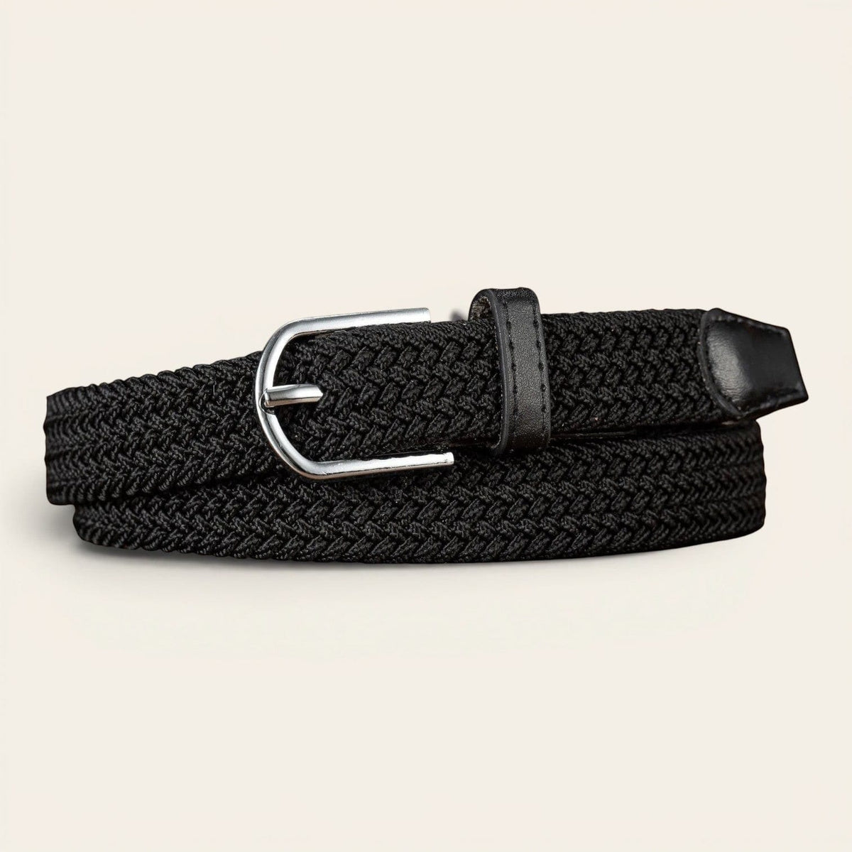 Ceinture noire femme fine tressée élastique, modèle Juliette