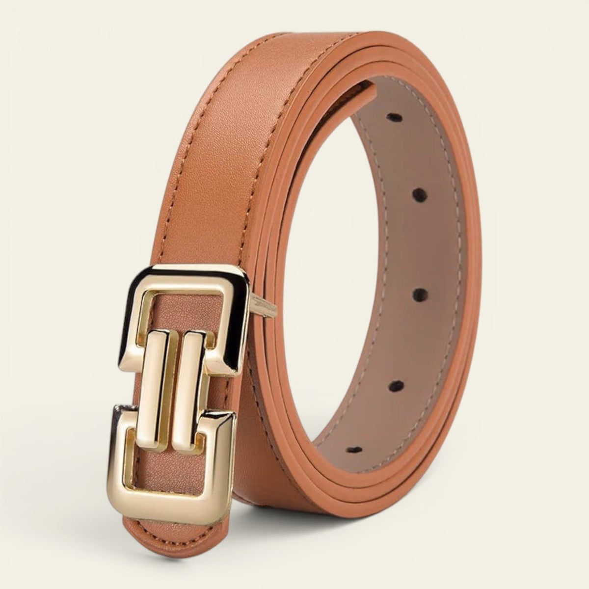 Ceinture camel femme fine à boucle carrée dorée, modèle Margaux