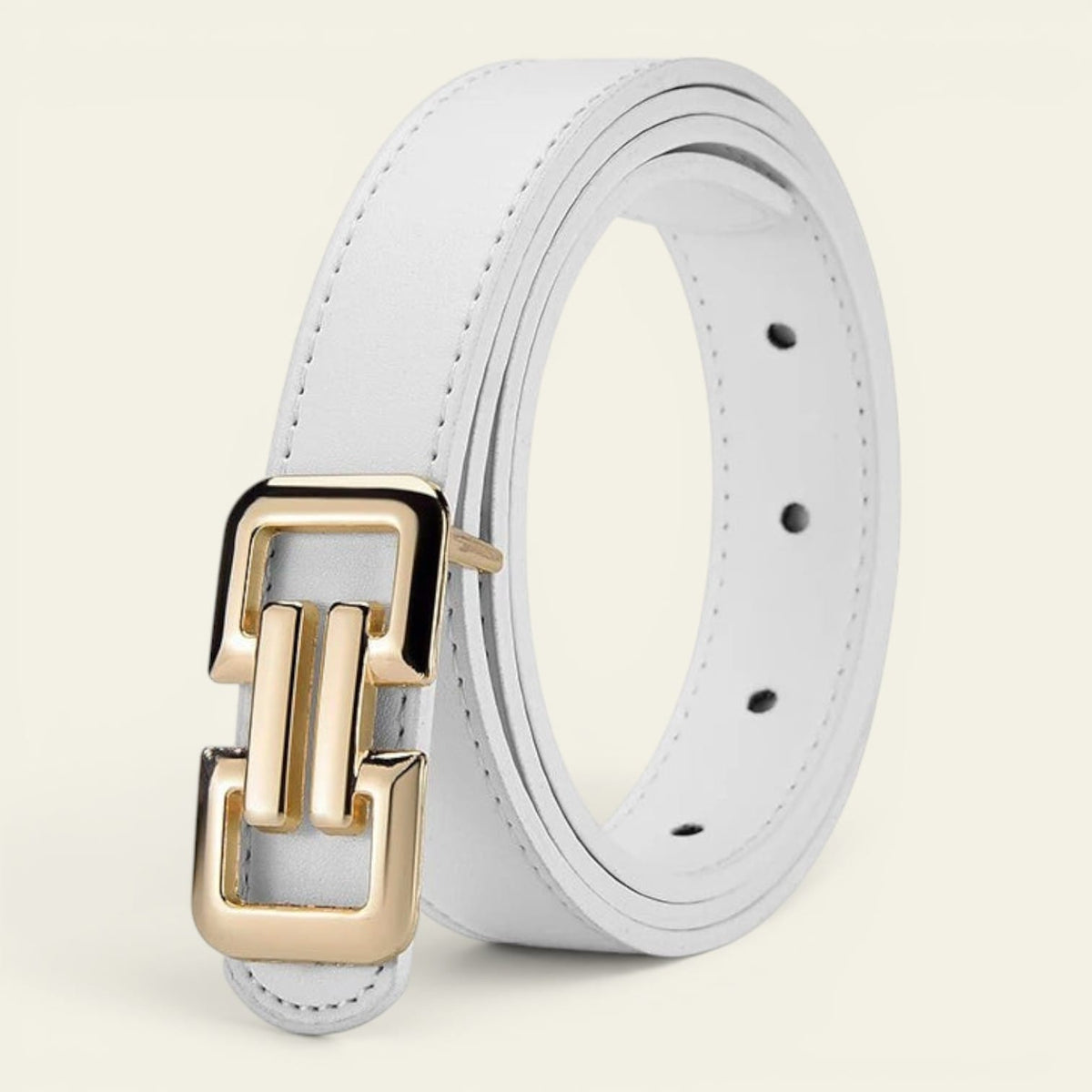 Ceinture blanche femme fine à boucle carrée dorée, modèle Margaux