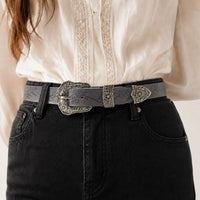 Ceinture grise femme large western à boucle ciselée bicolore, modèle Ninon