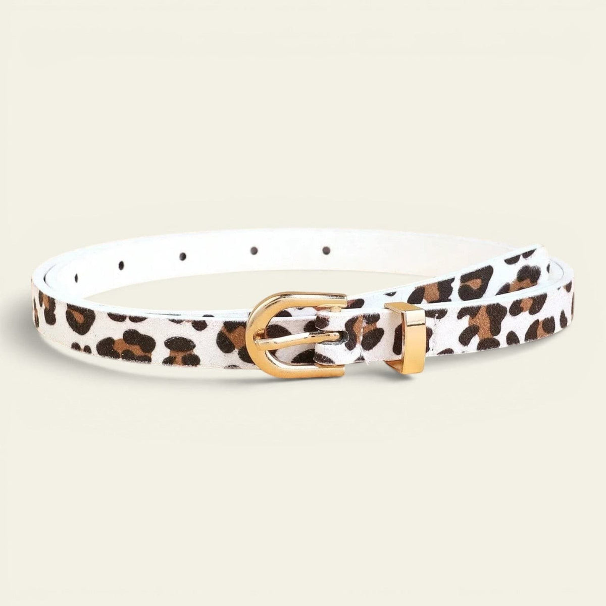 Ceinture blanche femme ultra-fine à imprimé léopard et boucle dorée, modèle Noémie