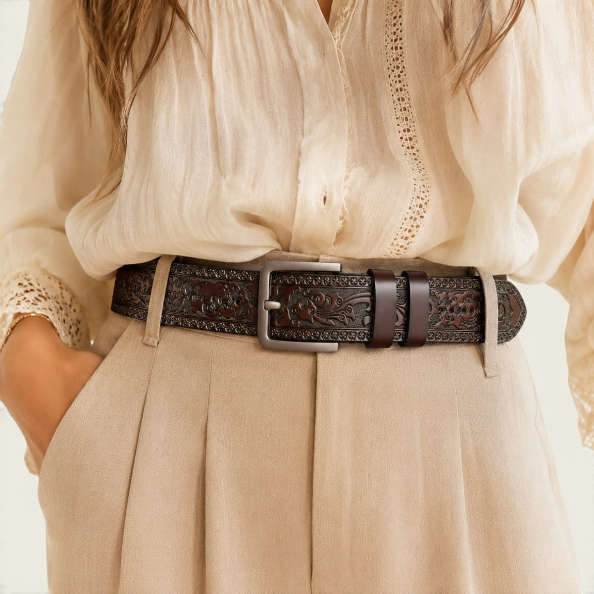 Ceinture marron femme western large en cuir gravé, modèle Océane