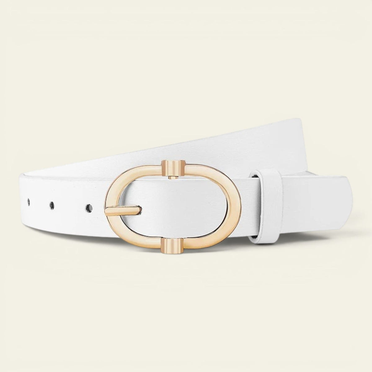 Ceinture blanche femme fine à boucle ovale dorée, modèle Pauline