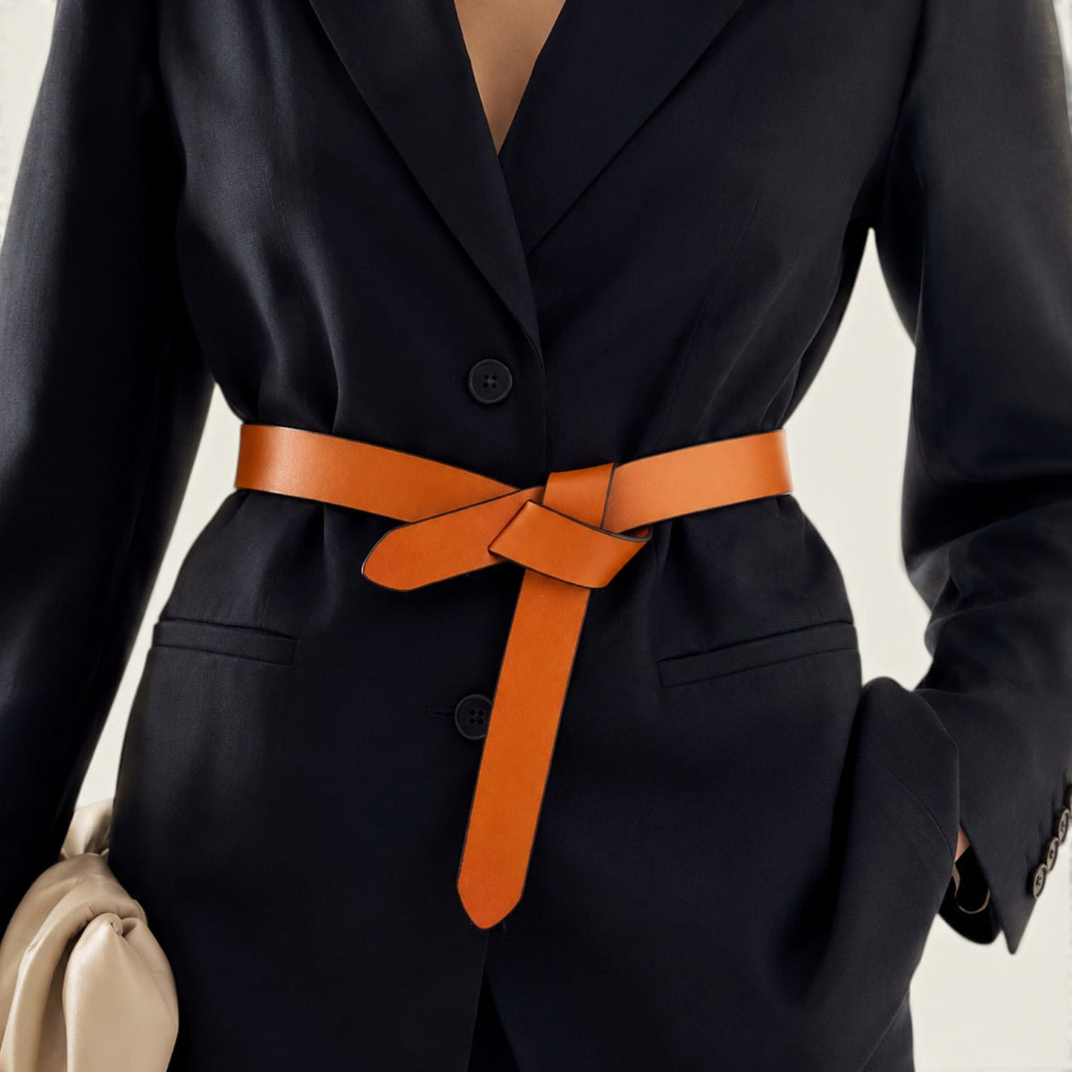 Ceinture camel femme en cuir à nouer, sans boucle, modèle Rosalie