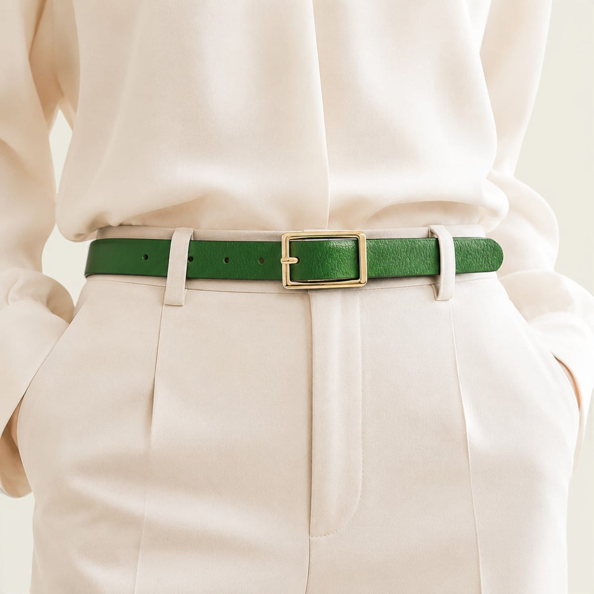 Ceinture verte femme fine en cuir à boucle rectangulaire, modèle Rose