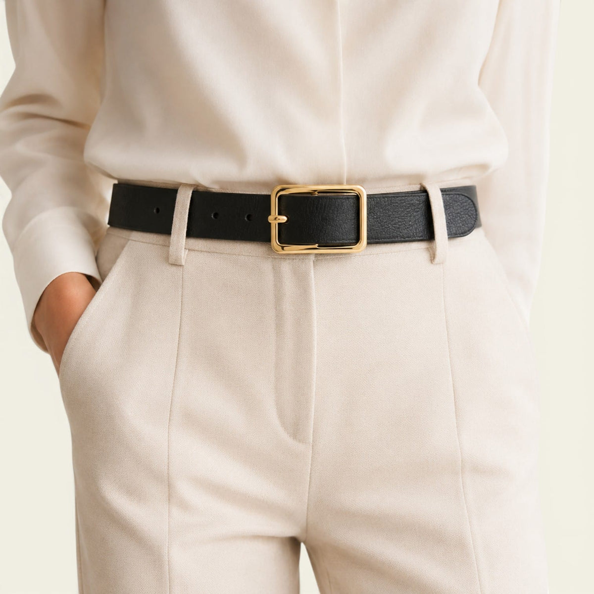Ceinture noire femme fine en cuir à boucle rectangulaire, modèle Rose