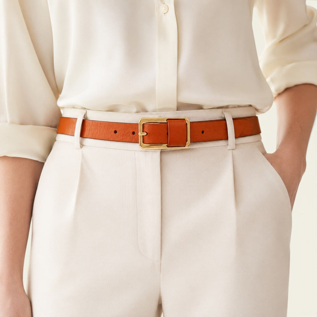 Ceinture camel femme fine en cuir à boucle rectangulaire, modèle Rose