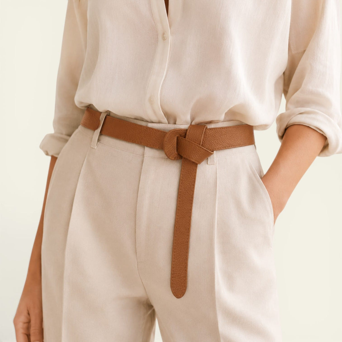 Ceinture camel femme large en cuir à nouer, sans boucle, modèle Salomé