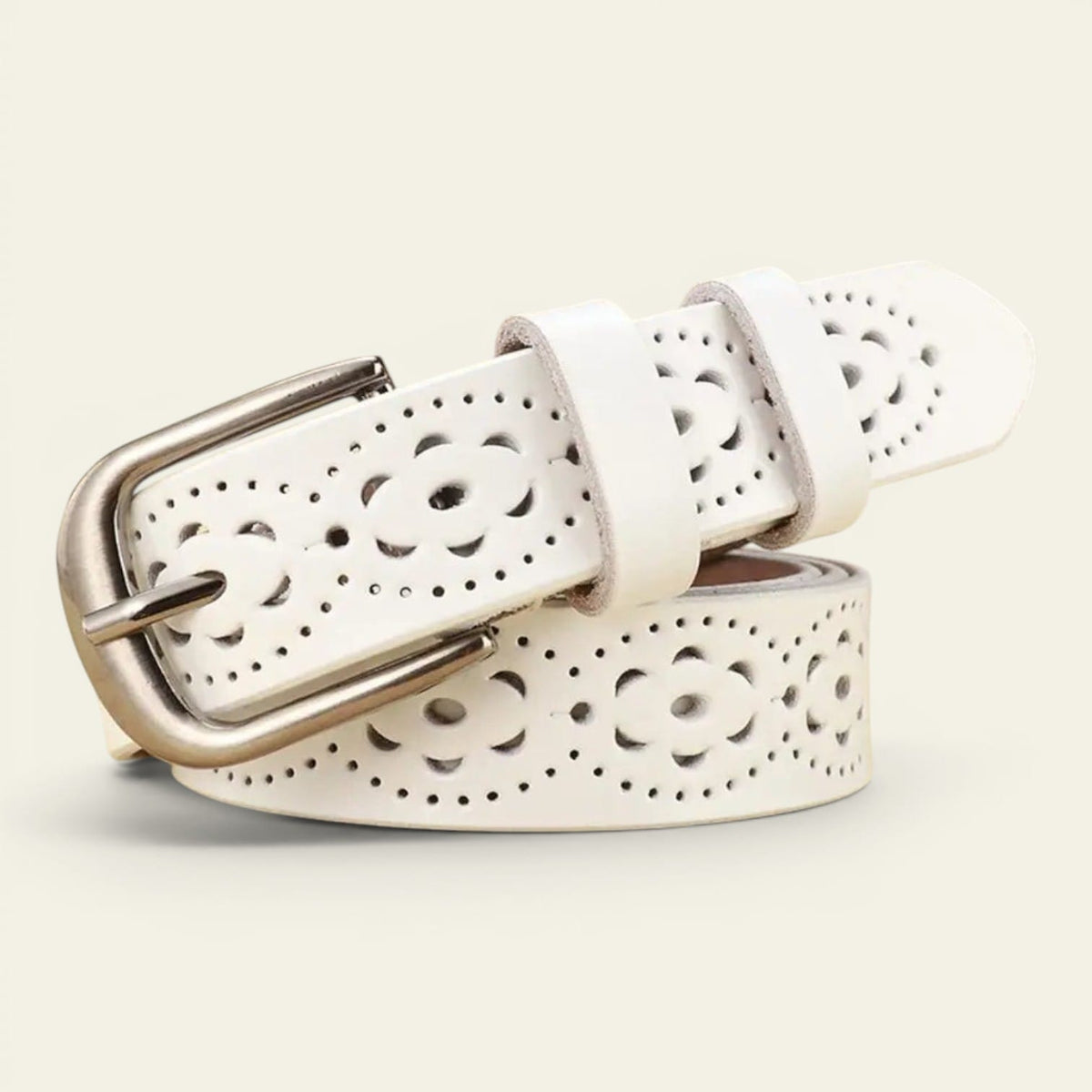 Ceinture blanche femme en cuir ajourée à motif fleuri, modèle Séraphine