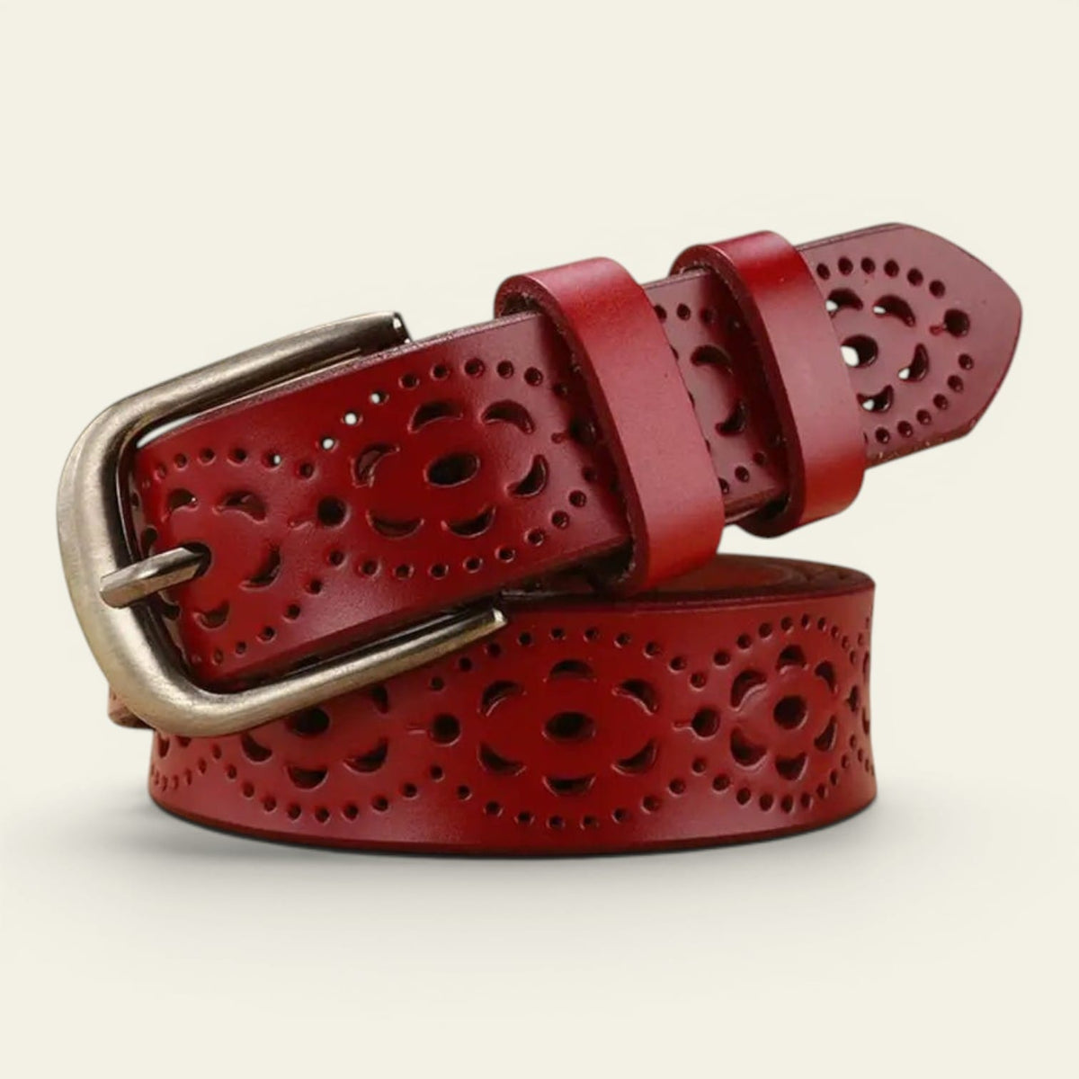 Ceinture rouge femme en cuir ajourée à motif fleuri, modèle Séraphine