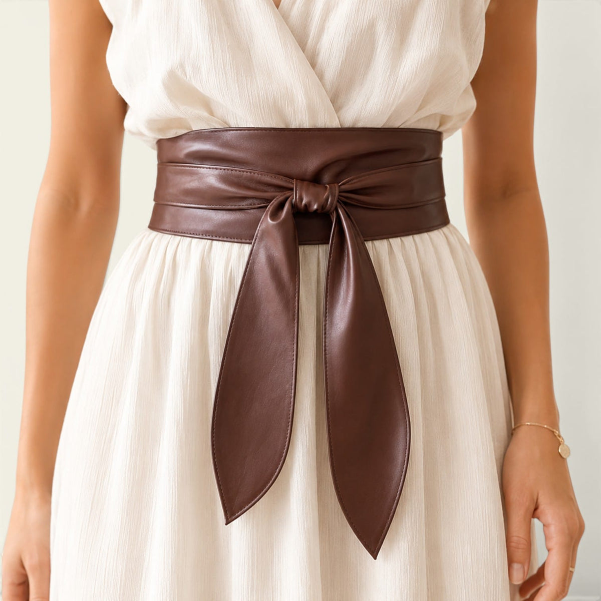 Ceinture marron femme large à nouer façon obi, modèle Solange