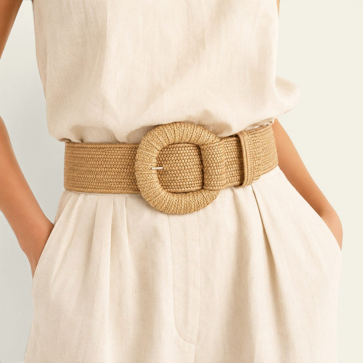 Ceinture camel femme large en paille tressée, modèle Suzon