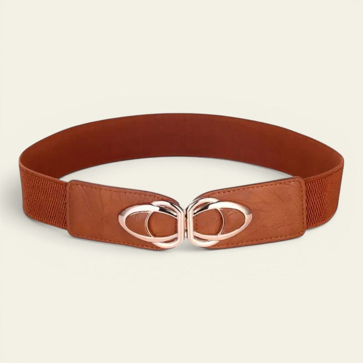 Ceinture camel femme large élastique à double anneaux dorés, modèle Valentine